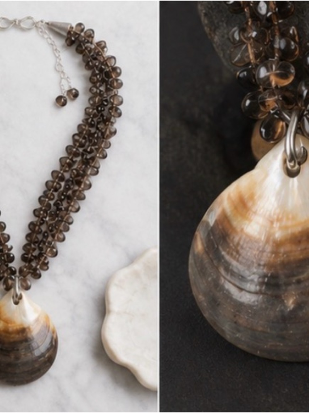 Smoky Brown Beaded Shell Pendant Necklace - Unbranded